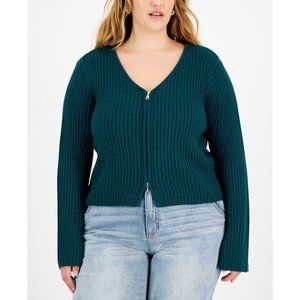 Full Circle Trends Women's Plus Size 1X V-Neck Zip-Up Sweater, Green  CC1008AFA